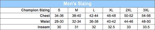 champion fleece pants size chart
