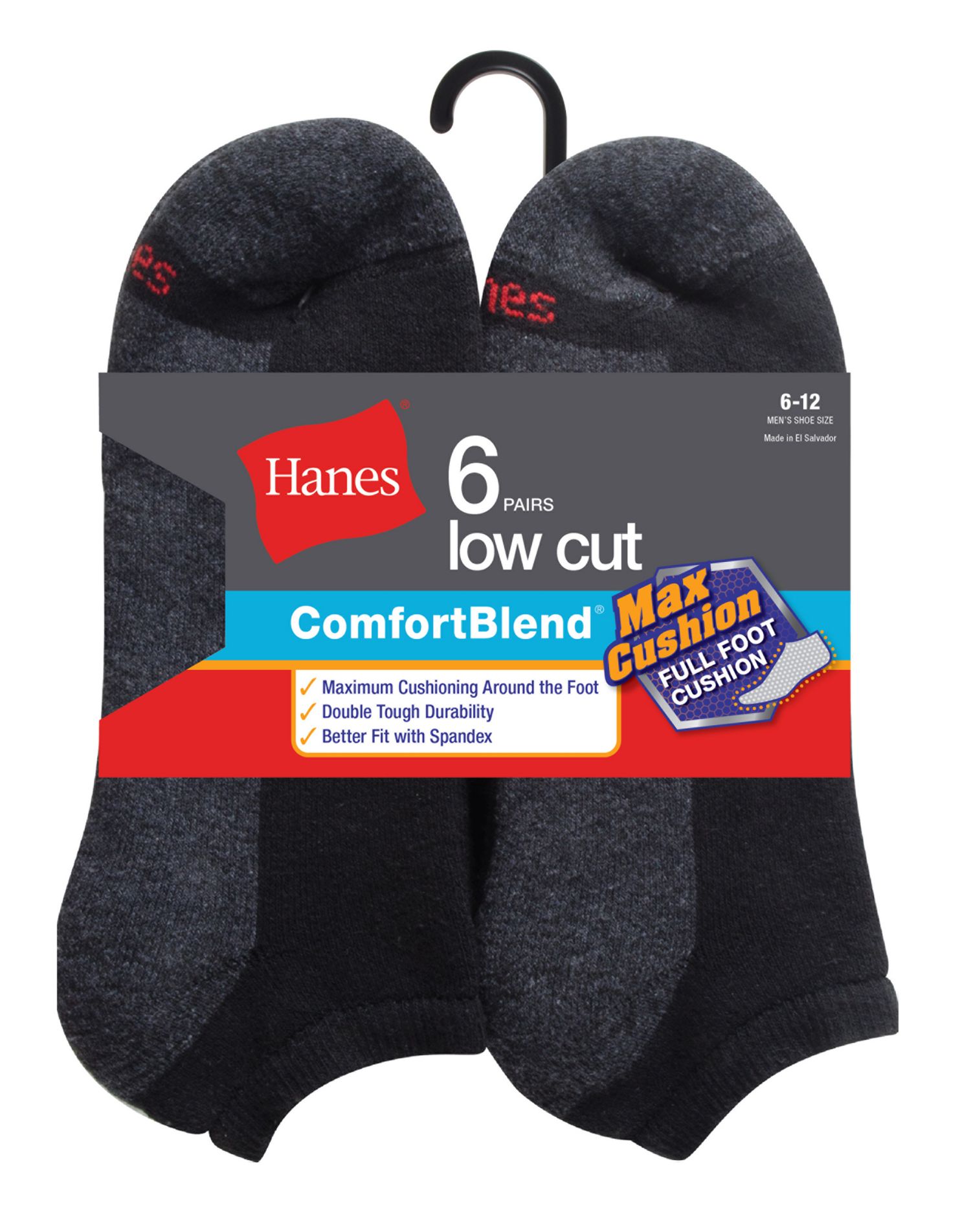 Hanes ComfortBlend Men`s 6Pack Max Cushion Low Cut Sock