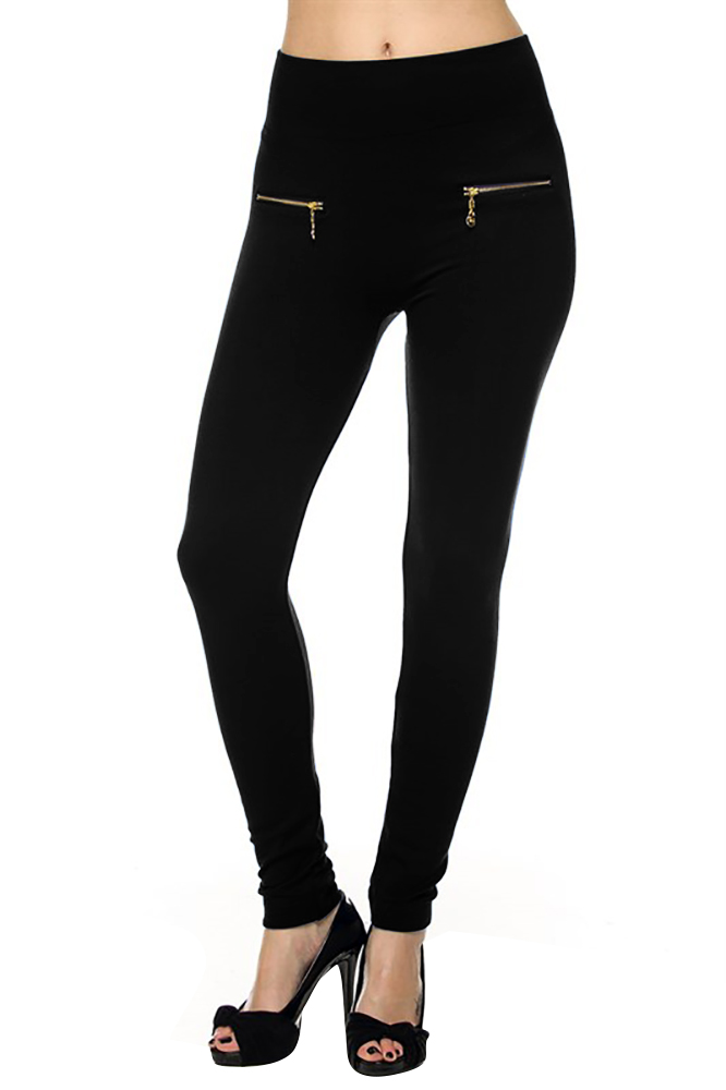 Black Fleece Leggings With A Zipper